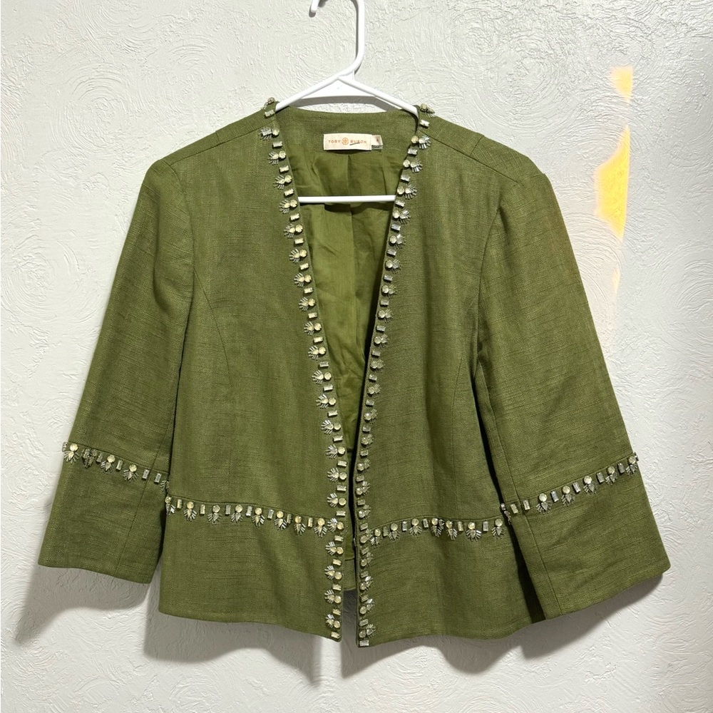 Tory Burch Green Beaded Womens Blazer Jacket Size 10